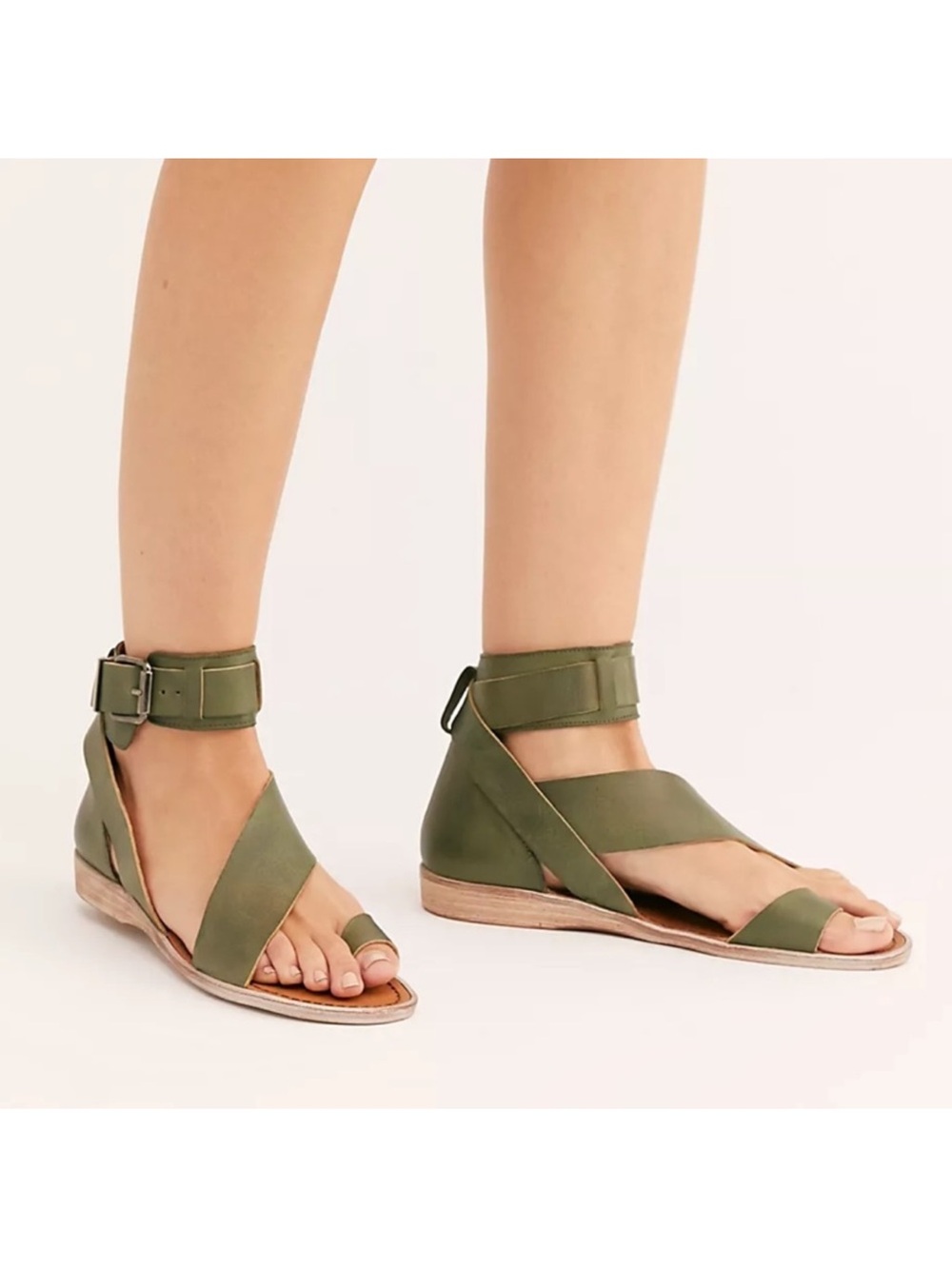 Free People Vale Boot Sandal Khaki Green Leather Size 41